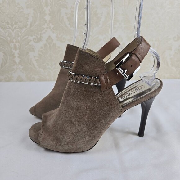 MICHAEL Michael Kors Size 8M Taupe Suede Leather Stiletto Peep Toe Booties Chain - Picture 2 of 16